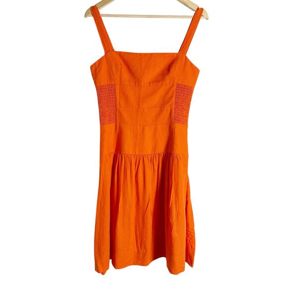 Farm Rio Orange Smocked Linen Blend Sleeveless Resort Midi Sun Dress Size Small - Picture 1 of 16